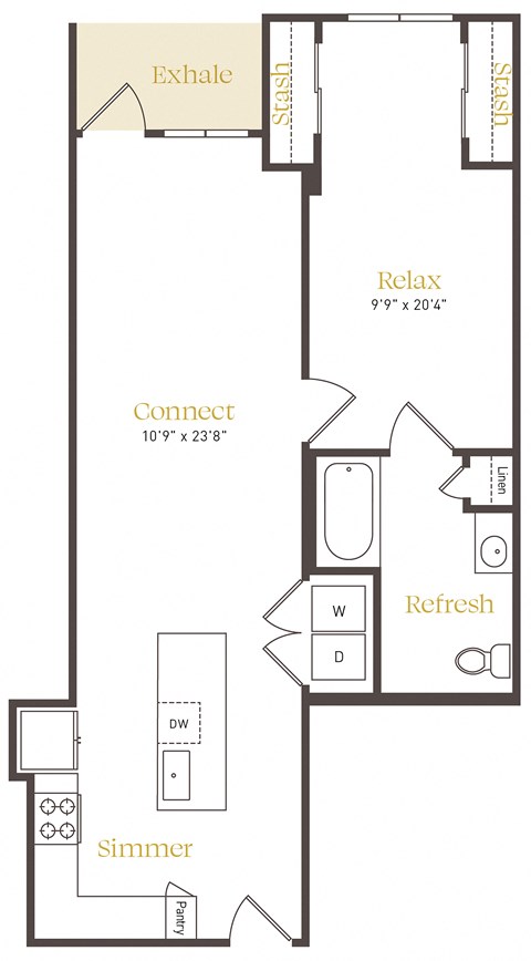 Floor plan for 1 bed, 1 bath, 827 sqft